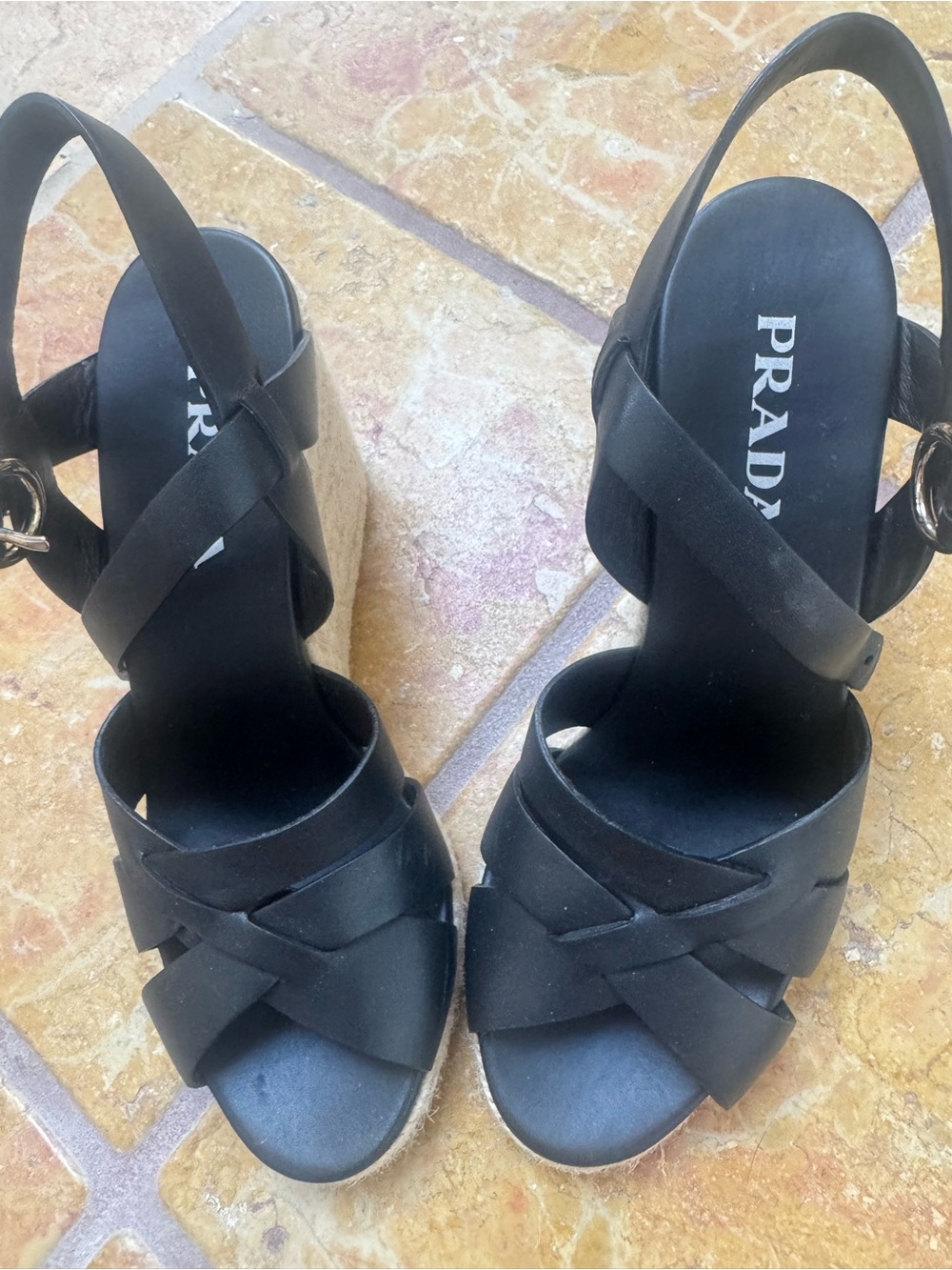Prada Black Leather Crisscross Espadrille Wedges